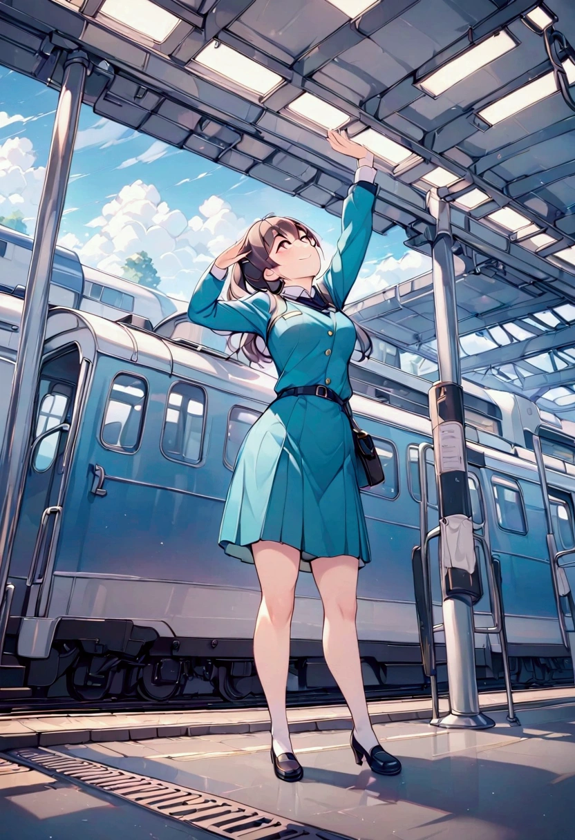 （ best quality illustration）, Railway Girls,Station staff, 1 girl, Wear railway staff uniforms, Looking up, smile, pose, At the station platform, train before launch , dynamic angle,  detailed background