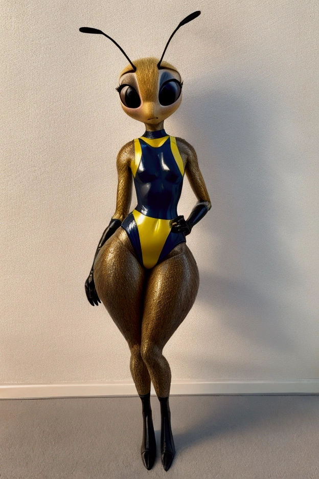 Score_9, score_8_up, score_7_up, detailed, digital art, Source_furry, source_anime, rating_explicit, furry, anthro, beach, solo, 1girl, female, bee, arthropod, insect, big eyes, yellow black body, black sclera, abdomen, medium breasts, (huge thighs, huge hips, huge ass:1.4), standing, full body, leotard,