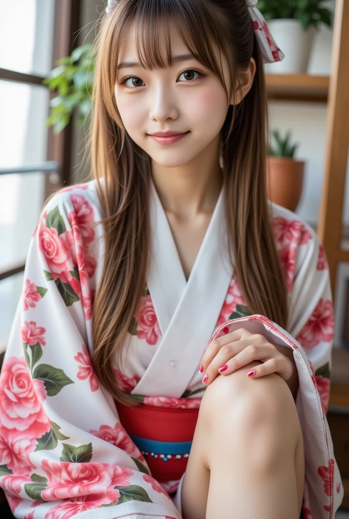 
One girl, gal, (long twintails), hair ribbon, blonde, brown eyes. Dark makeup, glittery eyeshadow, long mascara. Blush, pink lips. Beautiful woman,Looking at the front,erotic,白いskin,(Wearing a kimono with a colorful floral pattern:1.7)、ultra high resolution,beautiful,beautiful fece,(alone、no background:1.9),whole bodyボディー,japanese woman,（Photoreal：1.37）、(Baby-faced and cute: 1.0)、(cute smile: 1.7)、Physically based rendering、depth of field rally background、photograph, (I can see your knees,close up of thighs:1.5)、super fine、（8k、Raw photography、highest quality、masterpiece：1.2)