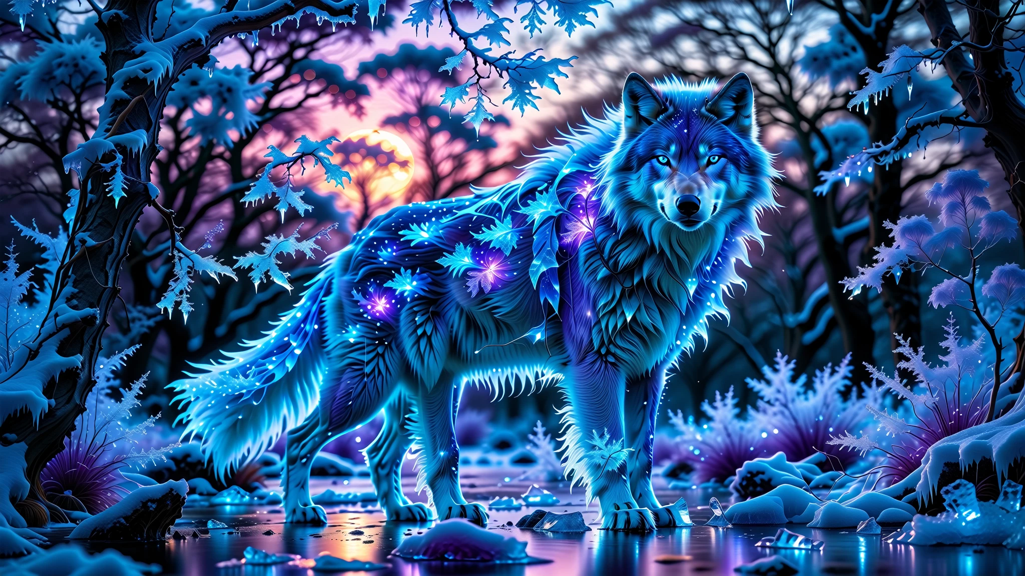 A Masterpiece In 32K Resolution, Supreme Quality, Super Detail, Official Art, Very High-Resolution 32K Wallpaper, Beautiful And Aesthetic, Ultra-Detailed Features, Awe-Inspiring Detail. Towering Bioluminescent Trees Stretch Into A Purple Sky, Their Branches Pulsing With Electric Blue Light. Rising From The Depths Is A Colossal Ice Wolf, Its Fur Gleaming With Frosty Hues. Massive Paws Unfold From Its Sides, Glinting In The Light, Its Frosty Breath Leaving Trails Of Glittering Ice Crystals In The Air. Giant Floating Beasts Drift Through The Air, Their Silhouettes Blending With The Exotic Landscape.