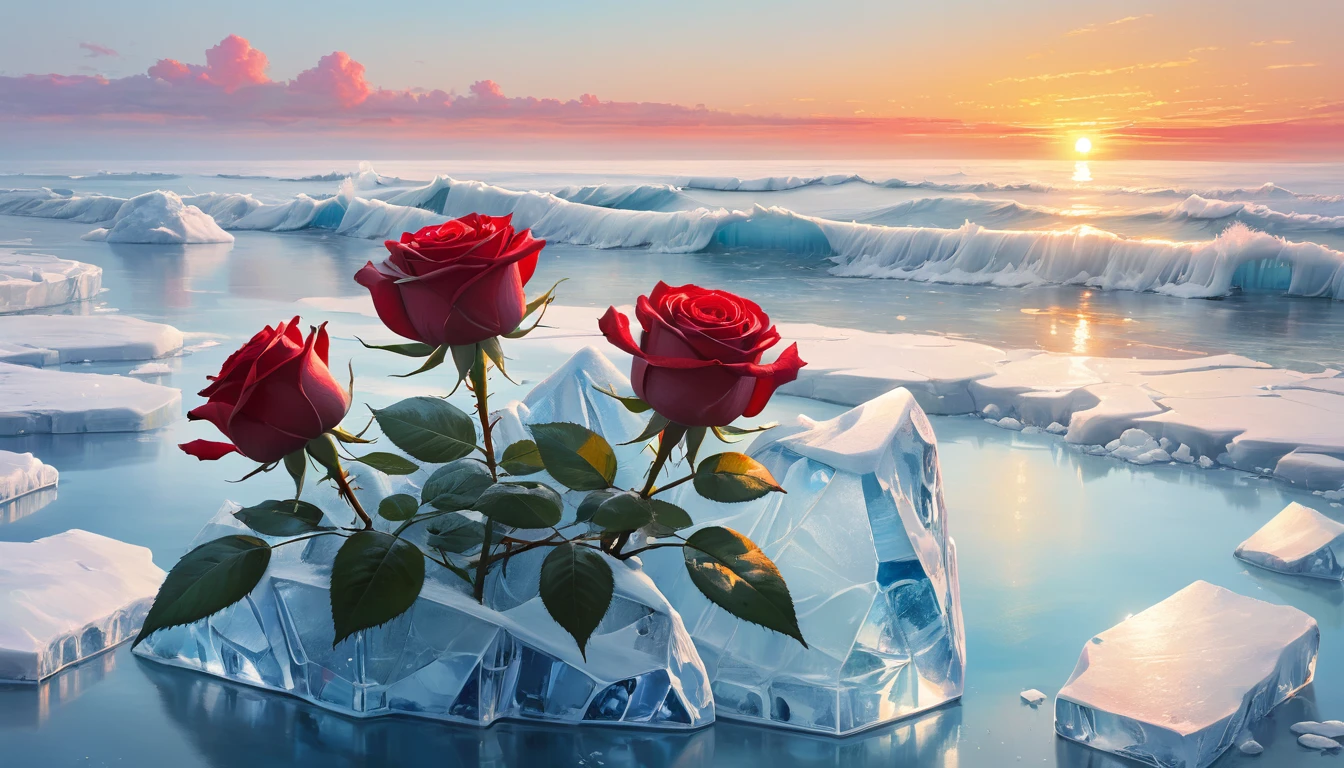 painting：(((sunrise，{{ocean}}，horizon，peaceful)))，(Red roses in Ice s：1.37)，Ice s，，Frozen roses，Refracted Light