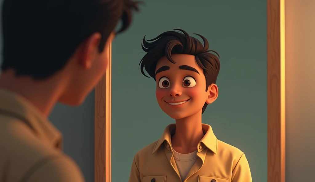 a adult boy stand near to house door and looking something which are out side of rahul house,rahul wearing yellow T-shirt and blue jeans and black shoe,,in the style of a Pixar or animated film, with detailed textures and lighting, vibrant colors, and a whimsical, lighthearted tone