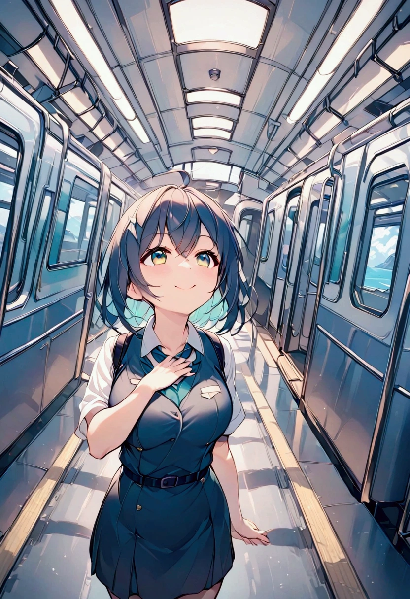 （ best quality illustration ）, Railway Girls,Station staff, 1 girl,  railroad employee standing in front of the train before launch, Looking up, smile, pose, At the station platform, Wear the uniform of the , dynamic angle,  detailed background