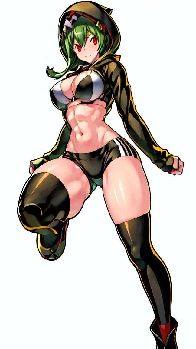 thick thighs, thigh gap, shinny thighs, muscular thighs, beautiful thighs, sweaty thighs, sweatdrop thighs, oiled thighs, large hips, narrow waist, thick calves, long legs, sexy beautiful woman, full body shot, full body, toned body, muscular female, shredded abs, fitness, rina shinomyia, red eyes, green hair, black hoodie, open hoodie, two-toned bikini, thight biker shorts, high knee boots, knee socks, dynamic, 