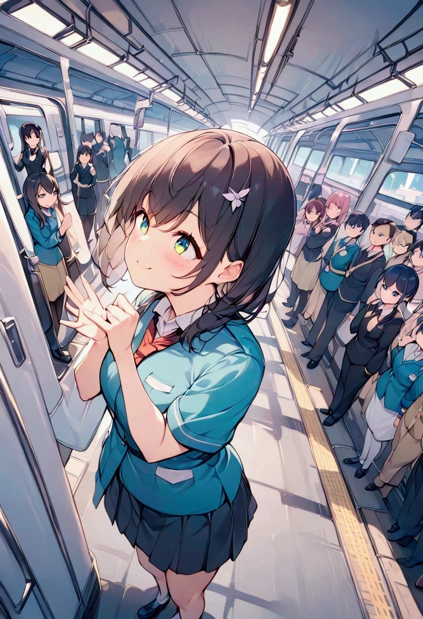 （ best quality illustration）, Railway Girls,Station staff, 1 girl, Wear railway staff uniforms, Looking up, smile, pose, At the station platform, train before launch , dynamic angle,  detailed background, Applying random character rearrangements、Create something completely different,