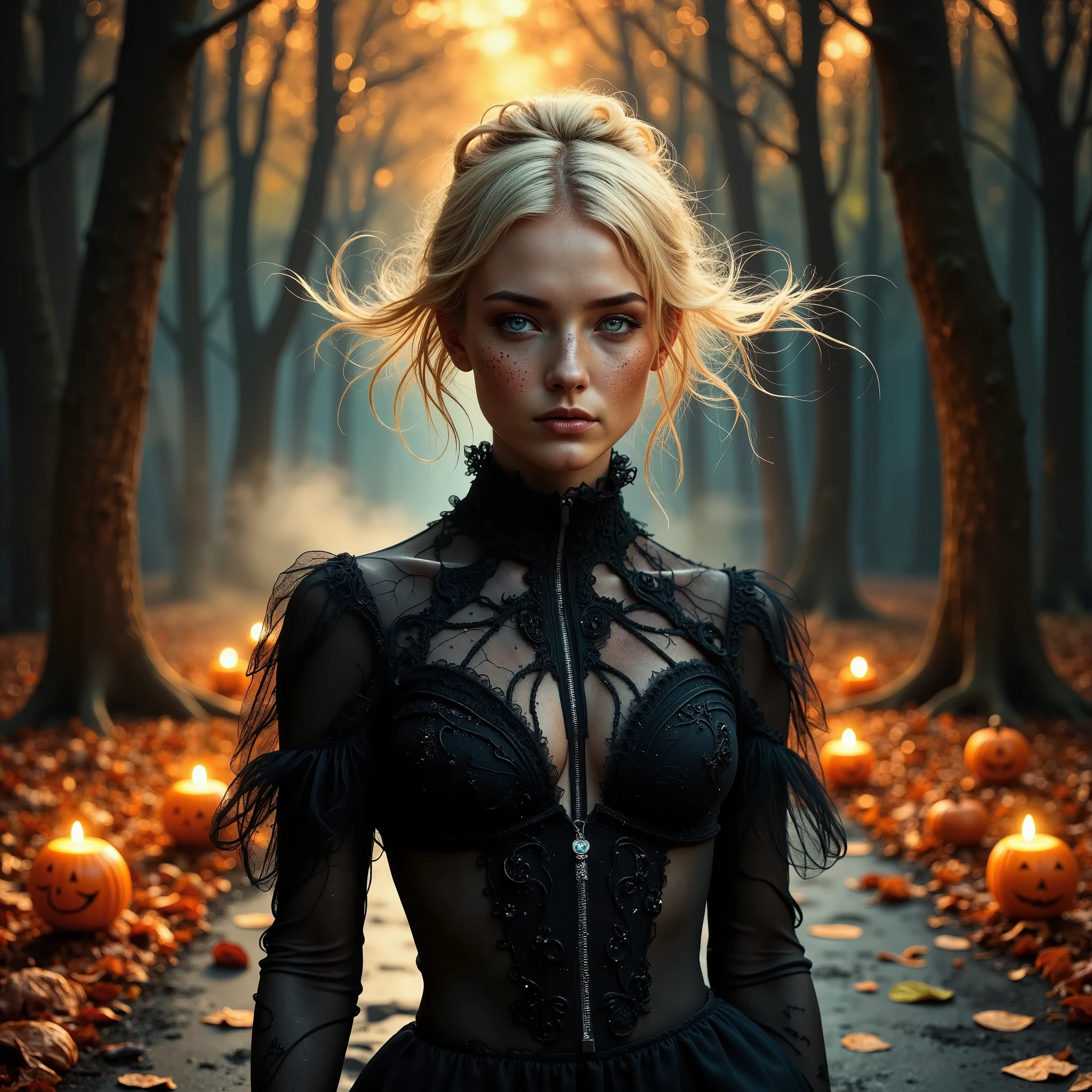 a 16K ultra-high-definition image of a witch-themed high-fashion runway show set in an autumn forest at night. The runway winds through trees with golden and crimson leaves, illuminated by carved Halloween pumpkin lanterns and glowing, floating candles. A soft mist drifts through the scene, adding to the magical atmosphere, while shadowy figures and enchanted symbols faintly appear among the trees.

A stunning blonde supermodel with blue eyes and freckles walks confidently down the runway. Her avant-garde outfit blends flowing, shadowy fabrics with structured elements, inspired by witchcraft and the mystique of the forest. The glowing pumpkins and candles cast flickering light, highlighting the model's movements and the swirling autumn leaves around her.

The sides of the runway are filled with enchanted Halloween elements—floating jack-o'-lanterns, spectral lights that dance among the trees, and runes glowing softly on fallen leaves. The image focuses on rich autumn colors, intricate details, and ultra-realistic textures, blending elegance with a supernatural, mystical vibe. This artwork captures the enchantment of a magical fashion show in a Halloween-inspired forest setting.