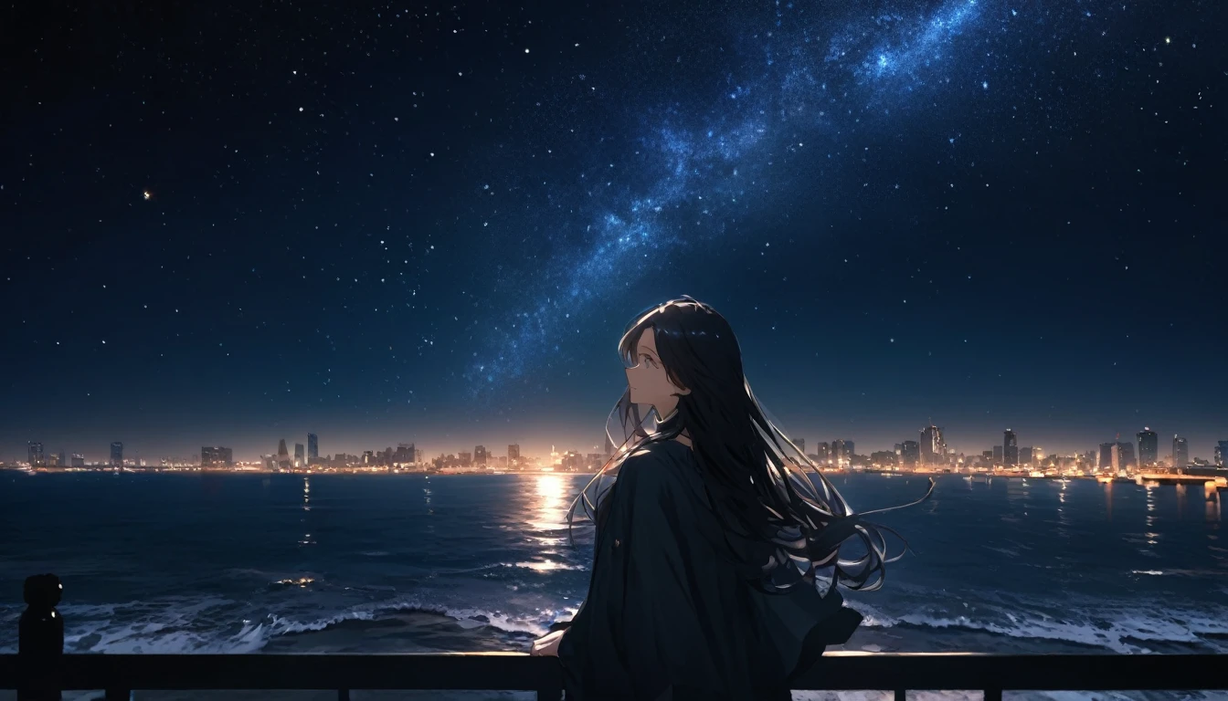  Black Hair , Long Hair, Metropolis、Night view、Starry Sky、Good Looking, ,Age 30, sea、I'm looking at the stars