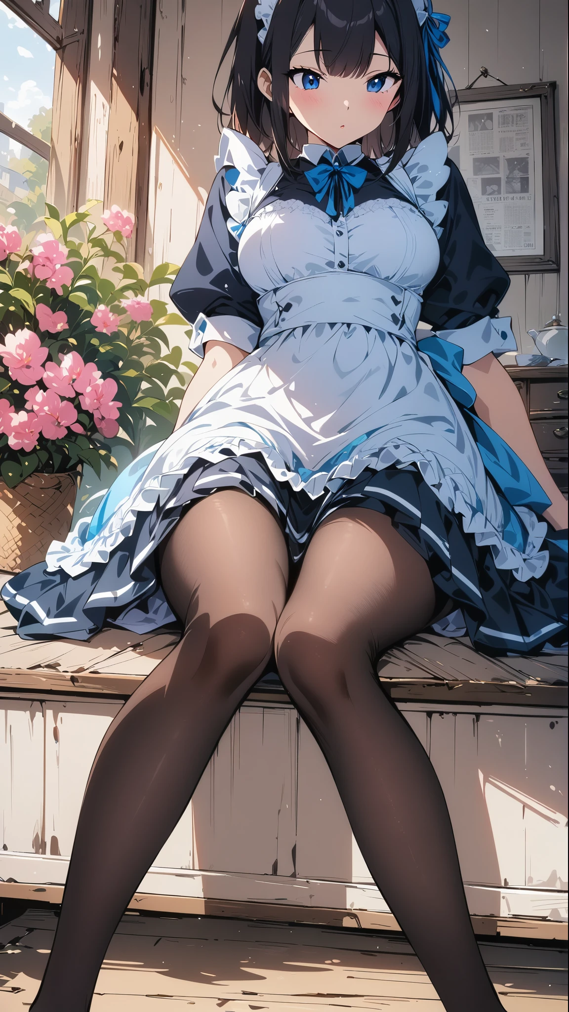 ( HIGHEST QUALITY :1.2,4K,8K, studio animation, is very detailed ,up to date,Vibrant,high detai,  High Contrast ,masterpiece:1.2, HIGHEST QUALITY ,Best aesthetics),((( 1 girl at home))),Sitting,maid,maid服,Blue Ribbon,fresh,Dynamic Angle,Low Angle:1
々Cool atmosphere, Accurate and Focused , Brilliant Contrast ,3,20 Danny black pantyhose,Feet，masterpiece, best quality, super detailed , Extremely Detailed CG Unity 8K Wallpaper,1 Girl, newspaper background,flower，newspaper,Sitting，Lean on your hands，Lift one foot,newspaper background,