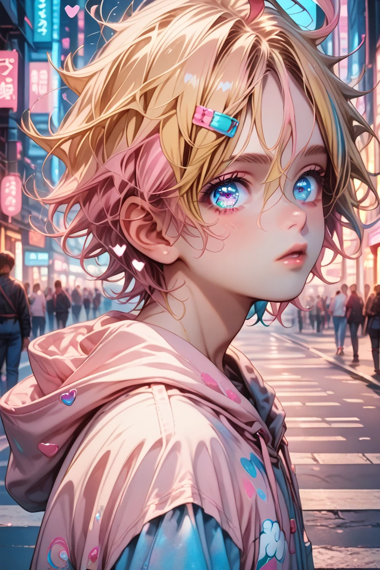 score_9, score_8_up, ultra details, absurdres, 8K, pastel style,1boy, (((femboy))), otoko no ko, side view, ahoge, (blonde hair, ((very short hair)), messy hair, pastel rainbow inner hair color mesh, pink heart hair clips), (soft blue eyes, small eyes, detailed eyes), looking at viewer, luscious lips, hands, fingers, eyes, sexy body, angry, sad, ((so angry)), showing his hand middle finger, going out to the street, cute face, night, bubble butt, boy body, walking away, wearing a delicate silver necklace with a cute pink heart, pink crop top, hoodie, light blue denim boy cut jeans, (pink hearts embroidered on jeans), (belted jeans), soft pink heart buckle belt, pink converse, pink Apple Watch, pastel pink and blue cute backpack, standing, from above, Expressiveh, ... g0thicPXL, glowing, neon, outdoors, night comercial street, neon signs, hearts, cinematic lighting, light particles, coordinated colors, side view. photorealistic