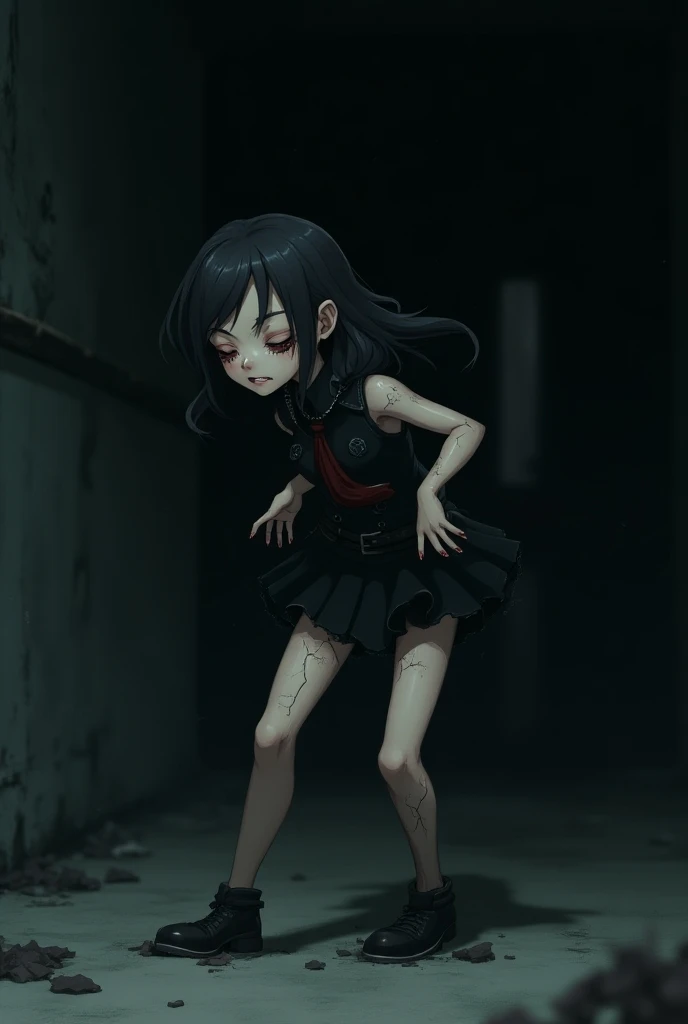 zombie Girl with black hair holding on to her stomach, Looking at the camera in surprise, Blood oozes from under his hands, Kneeling, blood comes from the mouth, Surprise and pain, is looking at the camera, latex tank top and shorts, bullet wound to the abdomen, Blood gushes from his mouth and wounds on his stomach, Young girl killer dies on her knees, gloomy atmosphere, Cruelty, bloods, Snuff Video, blood splatters from the mouth, surprise and pain on the face