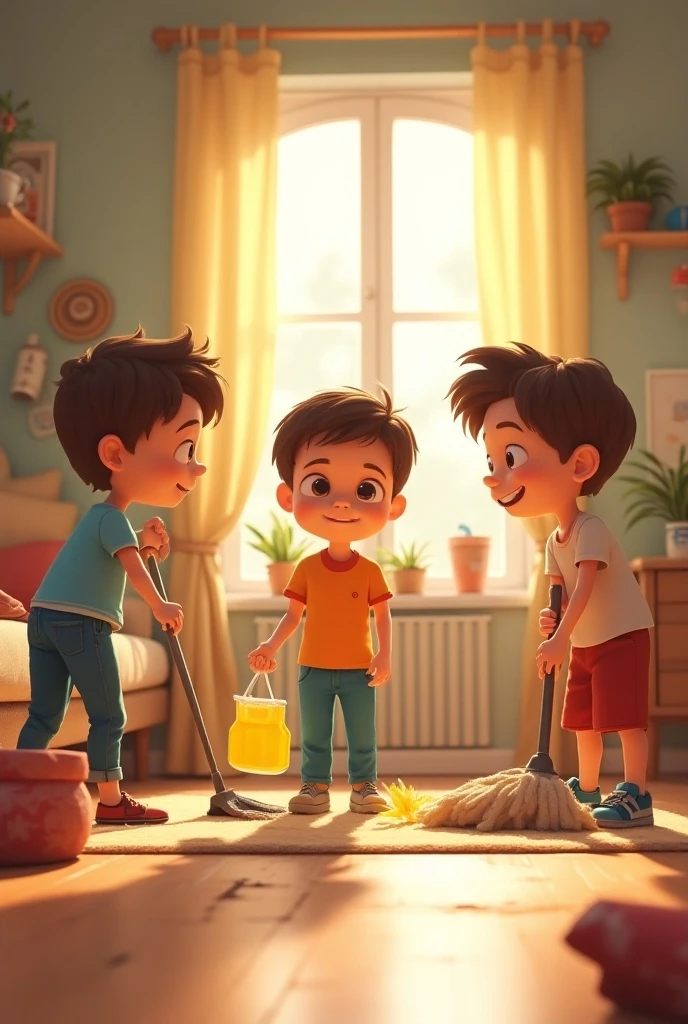 Two boys one fatty boy and one girl  and print in t shirt name aradhya in girl t shirt motu print in fatty guy shirt fallu print in boy shirt shiva print in boy t shirt and bathroom and all doing potty