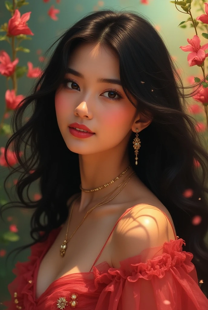 sexy Thai model who controls poison、beautiful smile、lip-gloss、bold lipstick、long lasheetallic makeup、look at the camera、full body Esbian、、sparkling poisoned flower costume、、、、sparkling Colorful hair、secrete poison、skull hair accessories、sexy tights、shiny sparkling flowers background realistic girl