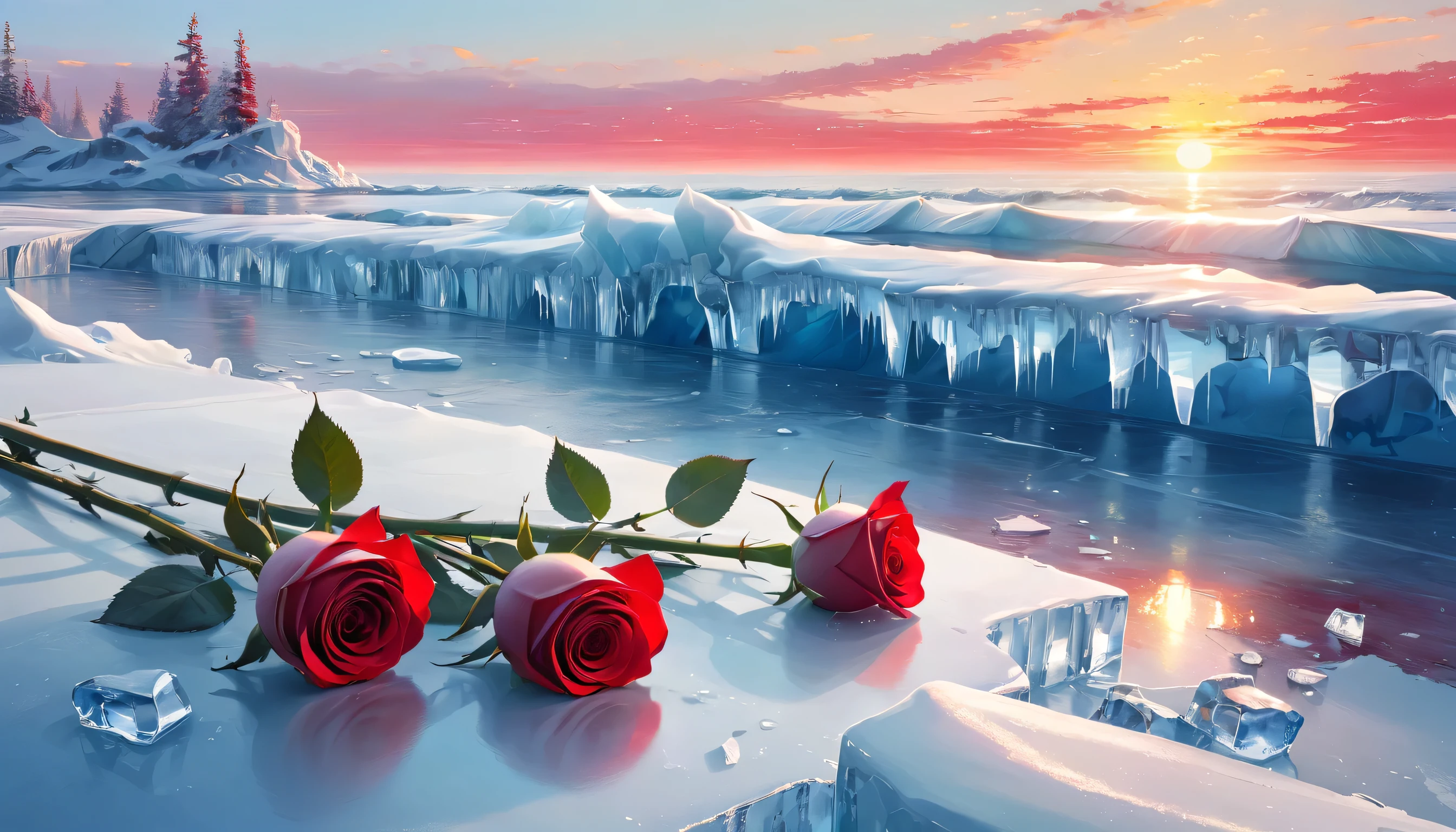 painting:(((sunrise,{{ocean}},horizon,peaceful))),(Red roses in Ice s:1.37),Ice s,,Frozen roses,Refracted Light