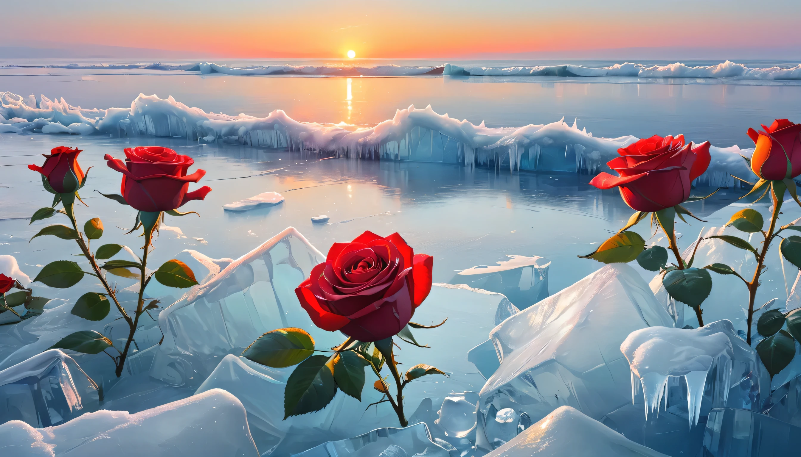 painting：(((sunrise，{{ocean}}，horizon，peaceful)))，(Red roses in Ice s：1.37)，Ice s，，Frozen roses，Refracted Light