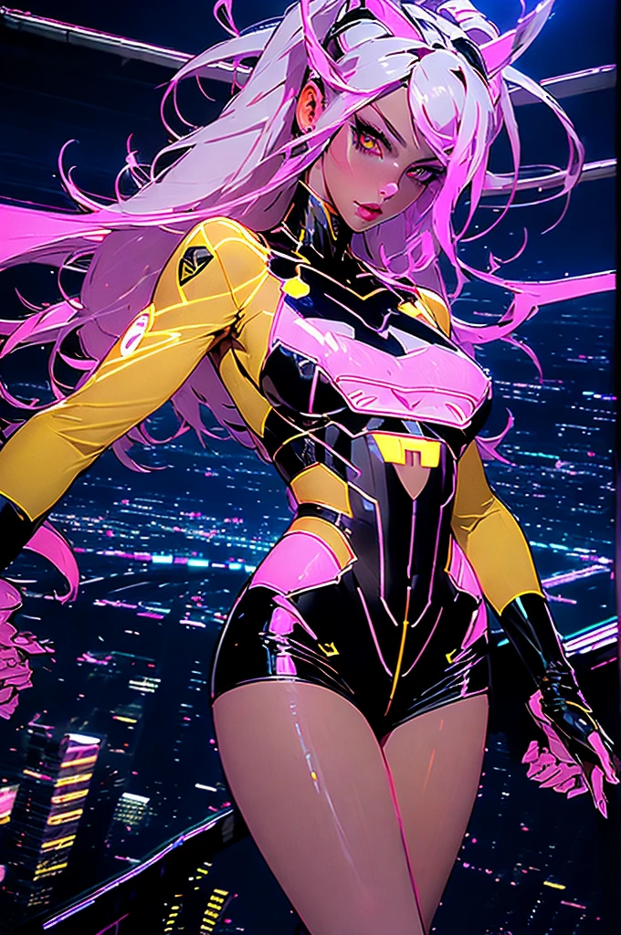 ((Best quality)), ((masterpiece)), (detailed: 1.4), (Absurd), Tank pilot woman ready for war, shiny skin, perfect body, defined muscles, half-thick bare thighs, closed mouth, only in panties, (((include stars throughout the outfit))), muscular body covered by yellow tech star outfit, Neon Genesis Evangelion style and masamune shirow girls, cyberpunk, generous neckline, ((perfect large breasts)), (well-outlined green eyes without pupils), ((long and very black eyelashes)), (((dark yellow clothing))), (misaligned purple and white hair), (((rot rod flames covering the breasts))), (Cosmic tattoo on the arms), short underwear, garter belt, by mucha, niji --V5, close to real, psychopath, crazy face, sexy pose, 2 piece clothing, pastel, centered, scale to fit the dimensions, HDR (High Dynamic Range),Ray Tracing,NVIDIA RTX,Super-Resolution,Unreal 5,Subsurface Dispersion, PBR Texture, Post-processing, Anisotropic filtering, Depth of field, Maximum clarity and sharpness, Multilayer textures, Albedo and specular maps, Surface shading, Accurate simulation of light-material interaction, Perfect proportions, Octane Render, Two-tone lighting, Wide aperture, Low ISO, White balance, Rule of thirds, 8K RAW, crysisnanosuit
