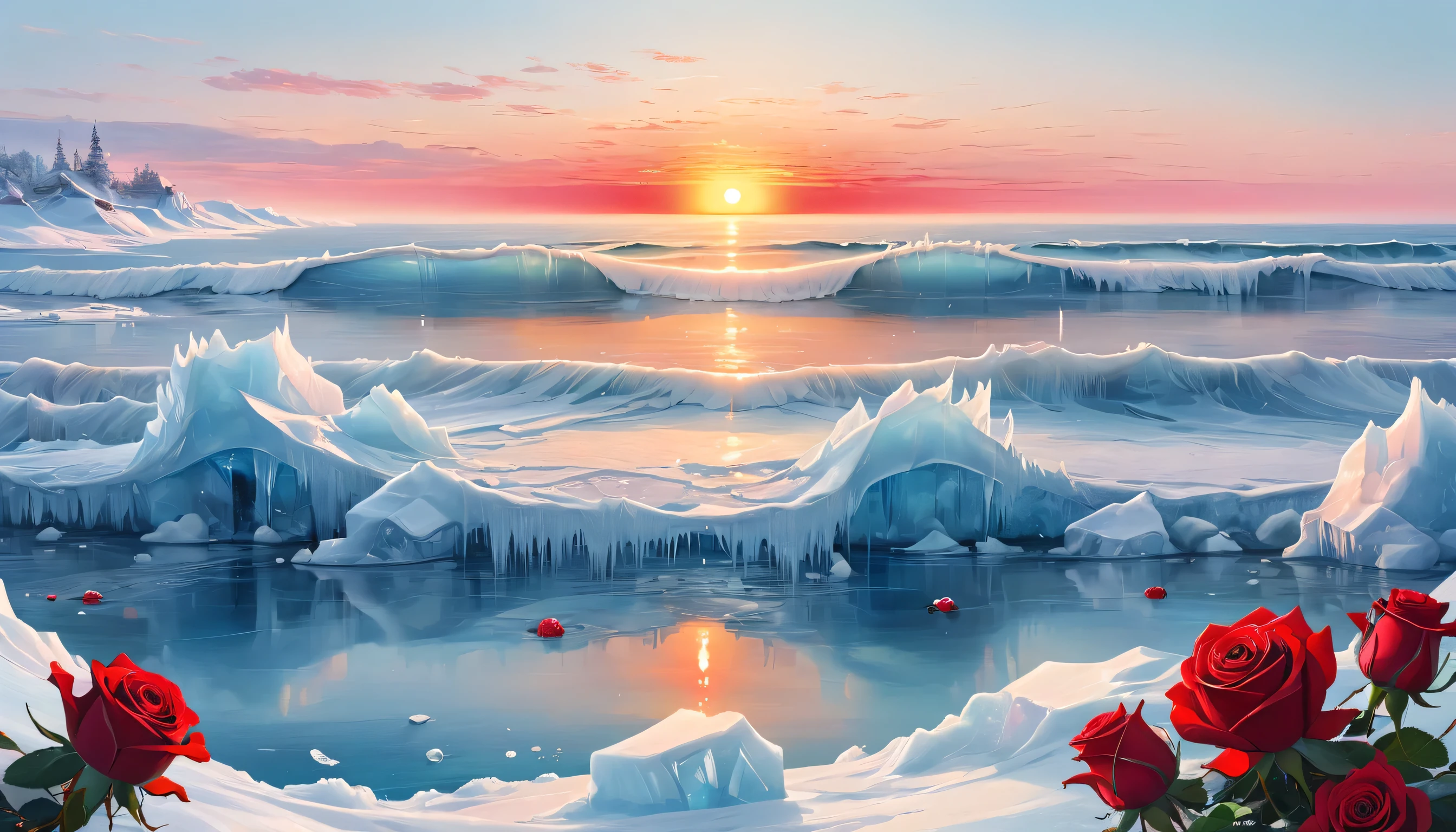 painting：(((sunrise，{{ocean}}，horizon，peaceful)))，(Red roses in Ice s：1.37)，Ice s，，Frozen roses，Refracted Light