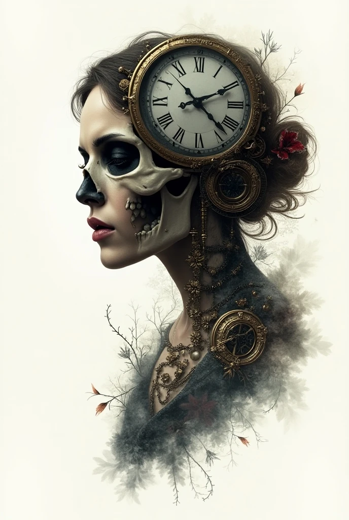 An ultrafine detailed watercolor painting of a gorgeous undead zombie with flowers in her hair, in the style of Alphonse Maria Mucha and Gustav Kilmt, art nouveau accents, (undead zombie:1.2), anthropomorphic female, female figure, detailed cover artwork, as the goddess of the flowers, Alphonse Mucha, Gustav Klimt, pale bluish skin, a marble sculpture, cgsociety, gothic art, art nouveau, behance contest winner