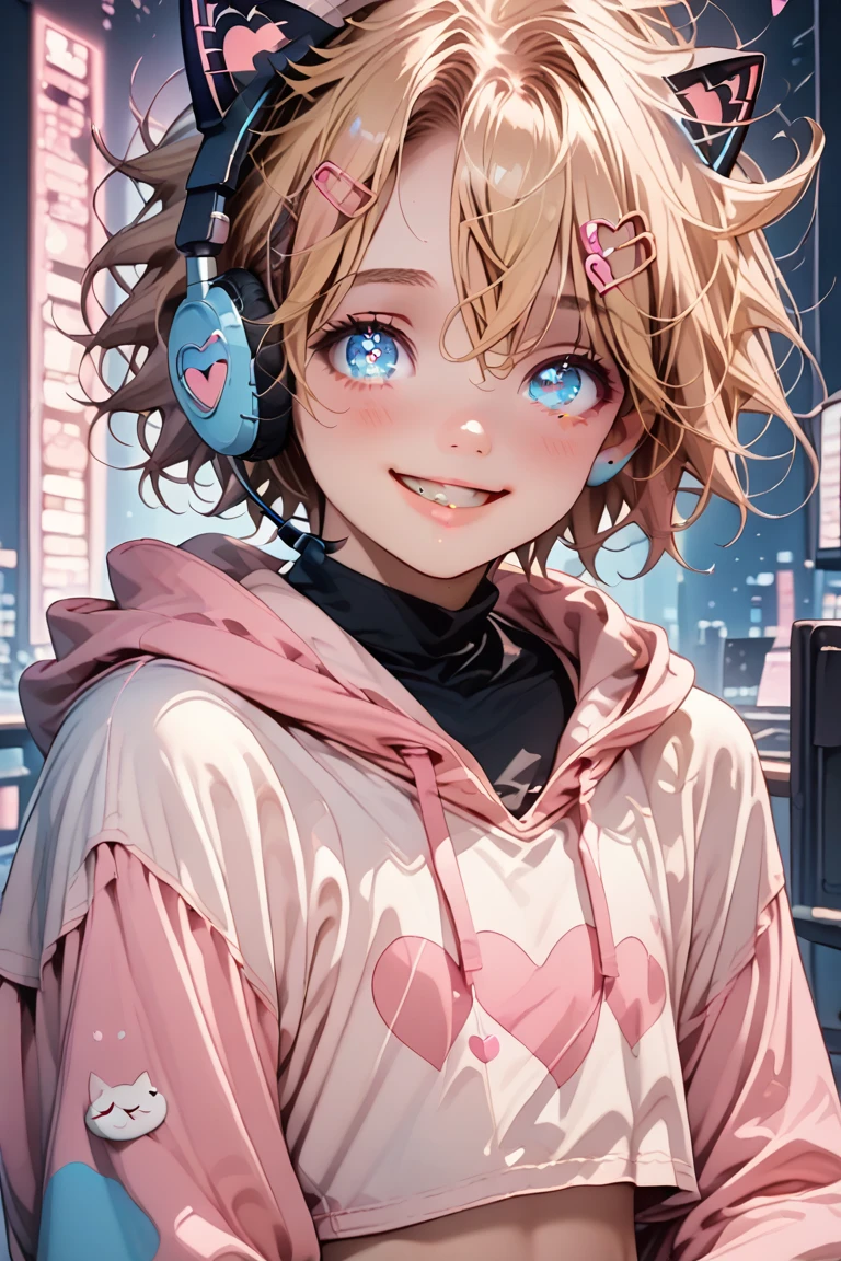 score_9, score_8_up, ultra details, absurdres, 8K, pastel style,1boy, (((femboy))), shy smile, cat-ear-headset, very short hair, blonde hair, messy hair, pink heart hair clips, (soft blue eyes, small eyes, detailed eyes), looking at viewer, crop top, hoodie, flat chest, firm perky nipples, sexy, red-chequered mini skirt, up skirt, blue striped panties, penis bulge, pink striped thighhighs, converse, open legs, legs up, Expressiveh, ... g0thicPXL, glowing, neon, girly dark room, girly monitors, girly desk, girly gamer chair, live stream, gaming setup, webcam, stuffed animals, cinematic lighting, light particles, coordinated colors, from above. close-up, photorealistic