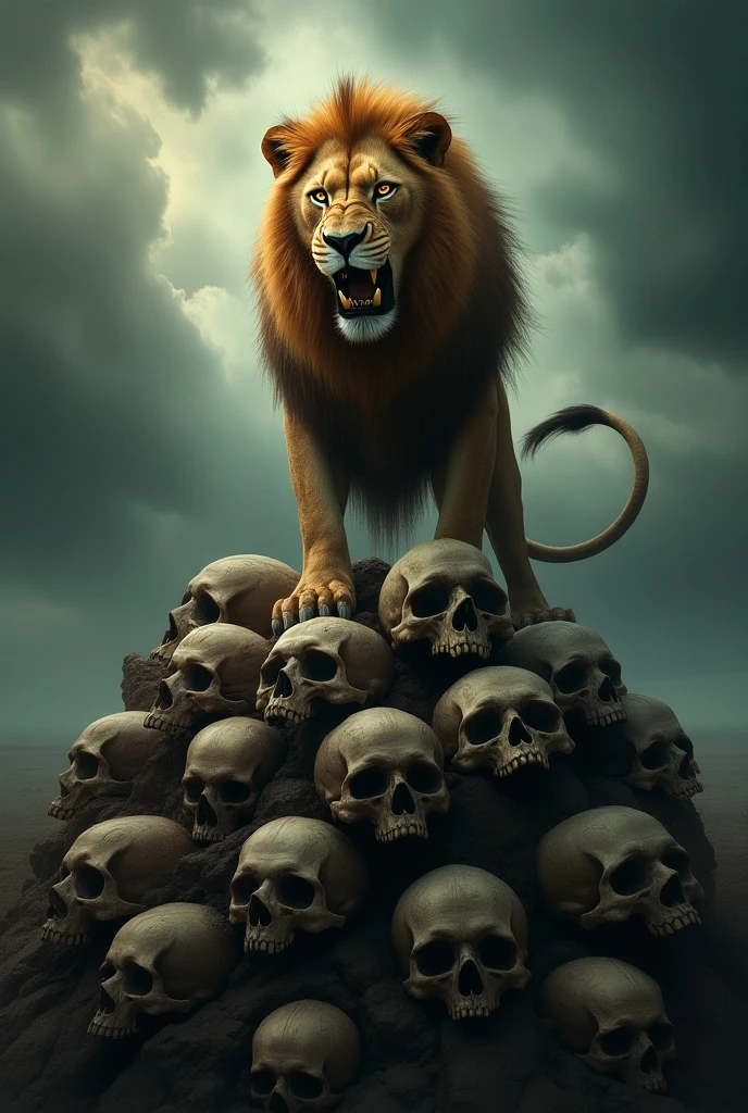 A hyper-real image of a majestic lion standing on top of a pile of human skulls. The scene is set against a dramatic sky, and the lion gazes proudly into the distance. Skulls are scattered beneath the lion's paws, adding a sense of power and dominance to the image.