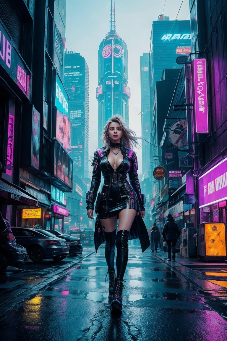 A beautiful European girl, on the roof of cyberpunk building, neon, serious face, wearing purple medieval dress, jewelry, cleavage, full body. She is 24 years old, has Split-Color Hair, blond hair, egyptian_bob_hairstyle and blue eyes. Her cloth is stylish and her overall appearance is stunning. The girl's face is extremely detailed with beautifully detailed lips. Her skin is anatomically correct with realistic textures. The image should have super high details and be of the best quality, with a resolution of 8K. The final result should be a masterpiece, showcasing the girl's beauty and the vibrant atmosphere of The neon cyberpunk city and the night