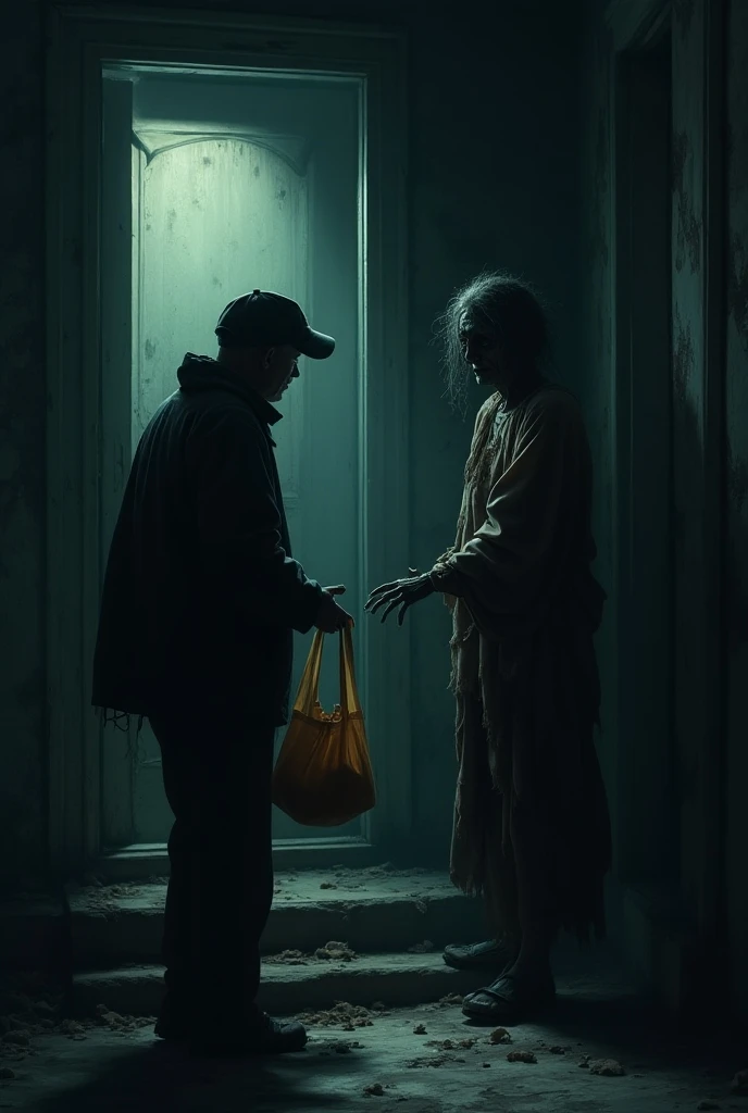 Create vintage poster style art, old movie posters, for the horror story, The Man at the Bus Stop, by the author Thiago Lopes, which tells the story of a bald and bitter bar owner who meets a naked old man at night and discovers that this man is waiting for the bus that will take him to hell.