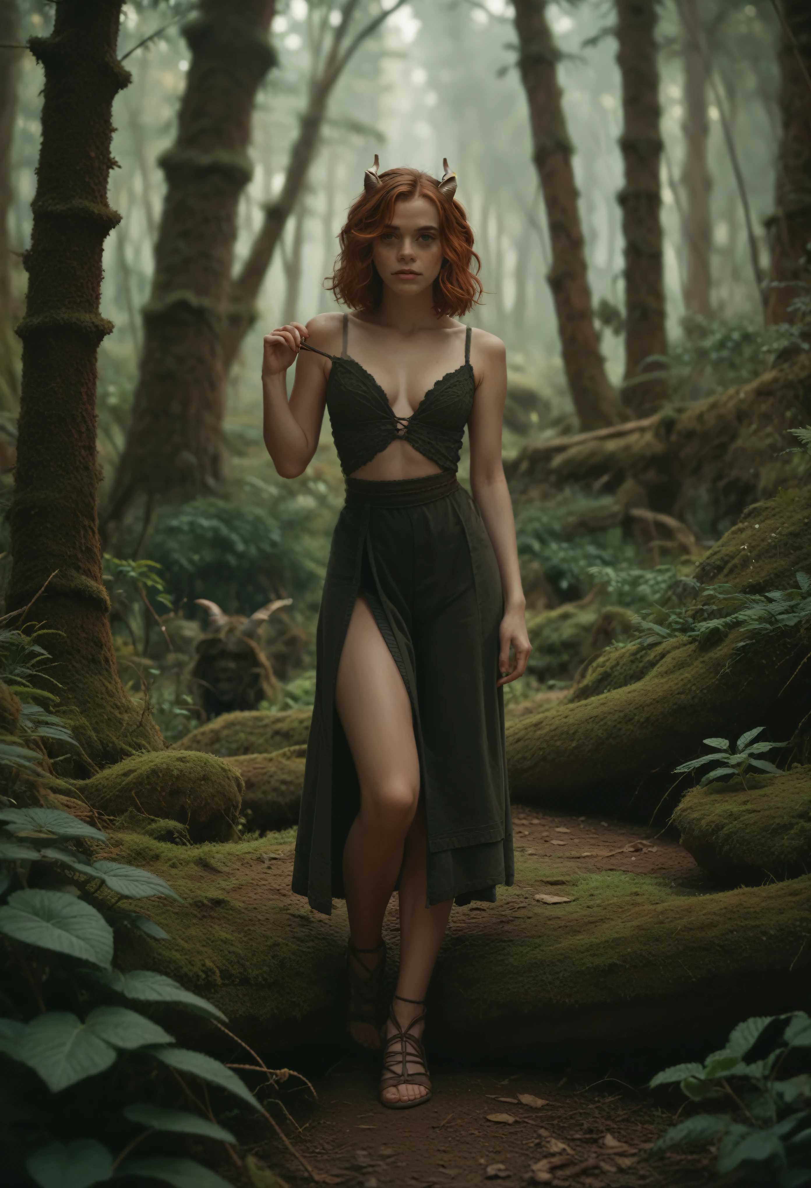 (s0ph14l Doric with horns) full body, sexy, flirting, in a deserted forest