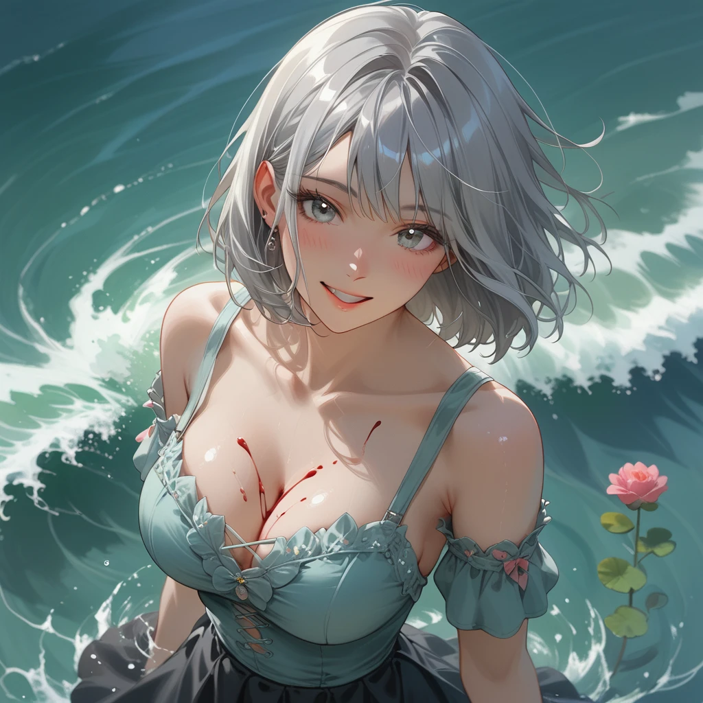 a beautiful girl,(Shiny silver hair), (wave bob cut:1.2),(Large Breasts, athlete, long eyelashes), (soft gray lib knit tops and black mini skirt), (gentle smile),(soft smile),Light blush, gentle gaze, (graceful flower garden), (hyper-realistic dewy skin, ultra detailed), (detailed silver eyes), High resolution.8K.an extremely delicate and beautiful, the overall effect is ethereal and intimate, capturing intricate details of her face, a happy gaze, ink style BREAK (score_9, score_8_up), source anime, rating_safe,
