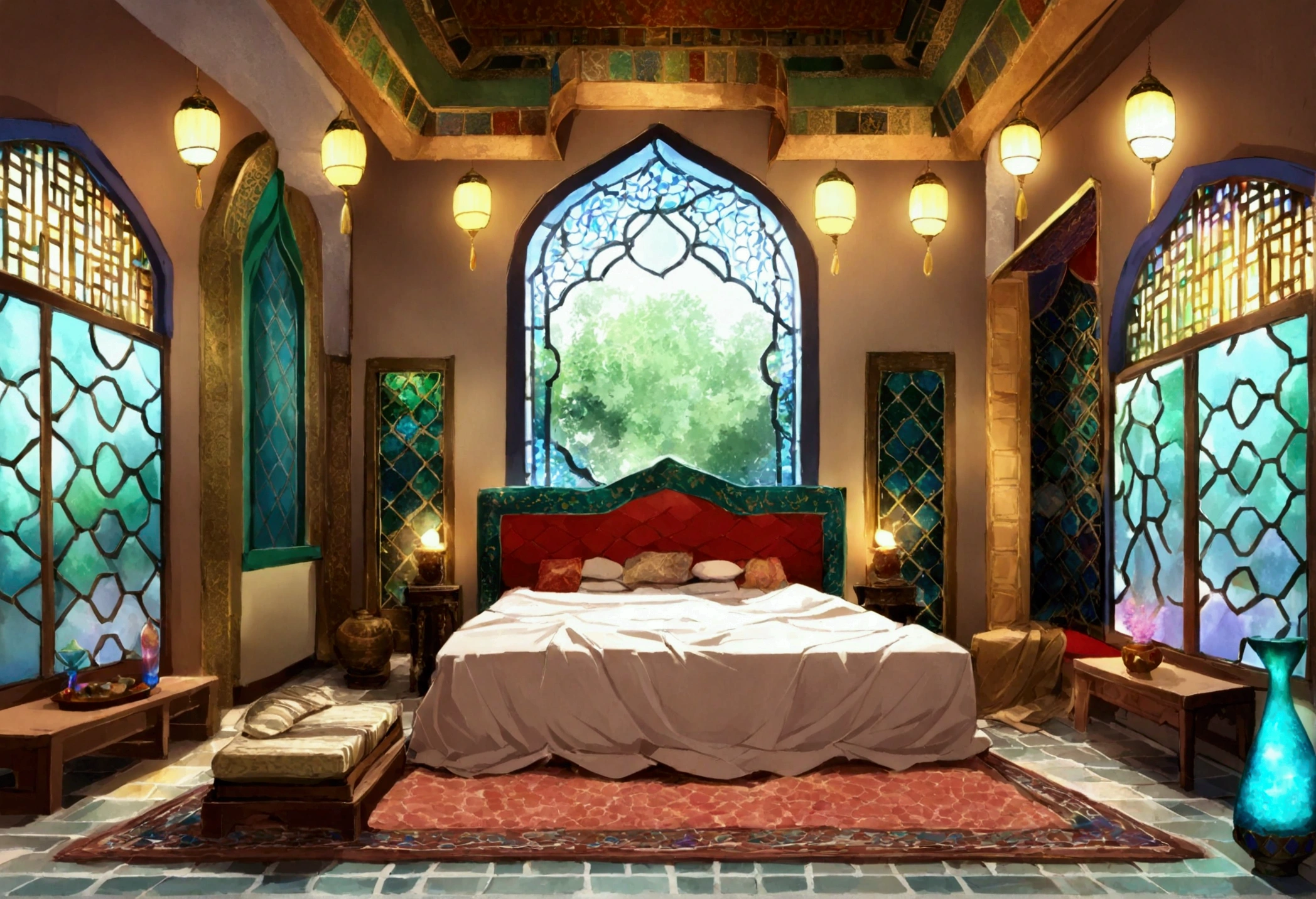 (masterpiece),(highest quality),highres, (extremely detailed), view from sitting on daybed, lavish daybed, inside alcove, alcove bed, recessed niche in wall, traditional middle eastern furniture, bohemian interior design, mashrabiya, Hanging Gardens of Babylon, (shallow pool over mosaic), maximalist boho, glass beads, bead curtain with tassels, colored marble, colorful granite texture, mediterranean villa, ultra reflective, ((latticed window screens, arab window panels,)) roman villa, iridescent, prism, large jewelry, turkish lamps, ((Samarkhand, Shiraz)), colorful, qing dynasty furniture, qing dynasty bridal bed, persian garden, dappled sunlight, colored glass mosaic, glass art, prism, glass sculpture, iridescent,