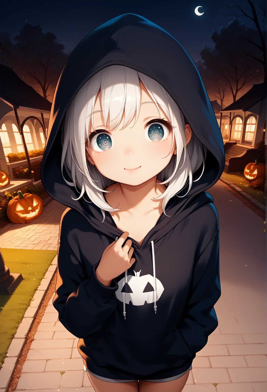 (masterpiece, best quality, ultra detailed:1.2), hyper detailed, fine line drawing, cute,
1girl, petite, big and droopy eyes, hooded sweatshirt,
Halloween, park, dynamic angle,