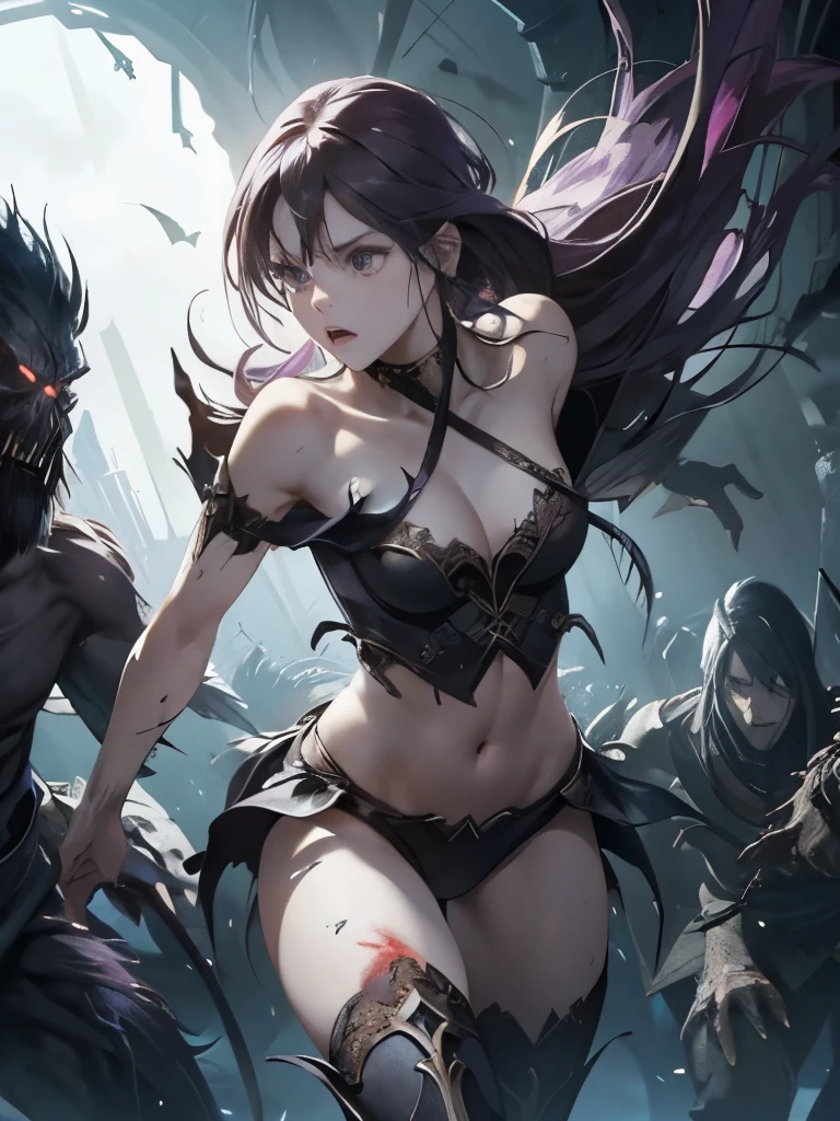 Best Quality、Realistic、torture、 slave、Constraints、BDSM、Captured by a monster、Surrounded by monsters、defeat、Beautiful woman with very long purple hair、Full of wounds、White Armor（Small breasts、 cleavage、Off the shoulder、Sleeveless、No elbow pads、belly button、High Leg、Exposed thighs）、White Armorのブーツ、 Tears Overflow 、Frightened expression、run away、Attacked by monsters 1:5、Many violent monsters 1:5、Monster grabs arm.　Monster attacks from behind、Monster grabs the leg、Monster Swarm 1:5、midnight、darkness、Different world、 dark fantasy、Pitch Black Hell