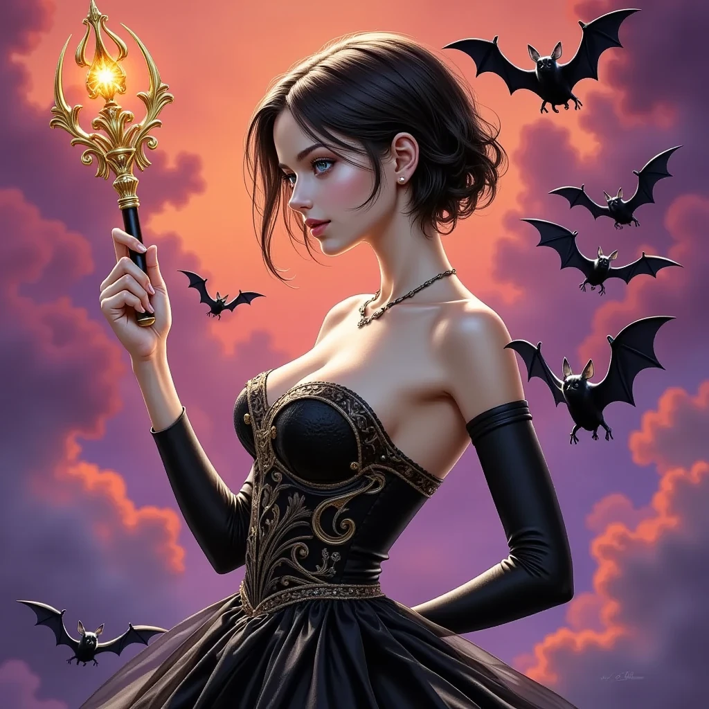 Halloween,Real, realistic , A beautiful witch holding a wand,Cute bats flying around,Pop,Manga Chic,