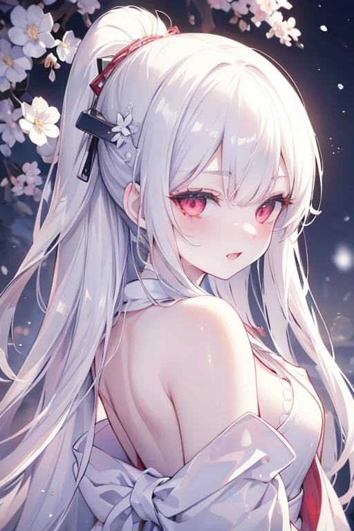 highest quality、Tabletop、1 girl、Underwear only、Pink Lingerie、Close-up、blush、Kamimei、When I look at this、Cute anime illustrations、Silver Hair、Red Eye、Fox girl、Fox ears、girl、Small breasts、ponytail