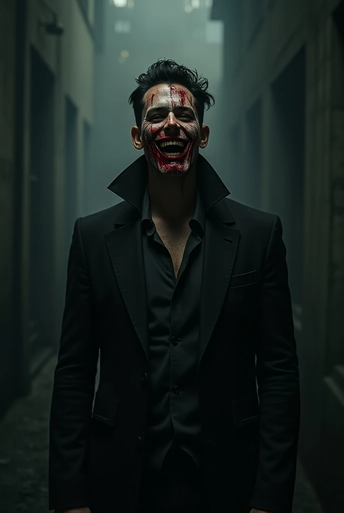 A man with a white shirt with blood stains, wearing black pants, black shoes, with a smile, with his body on the ground, with his right hand holding a claw in his left hand, with a hat on his head, with red demon eyes 