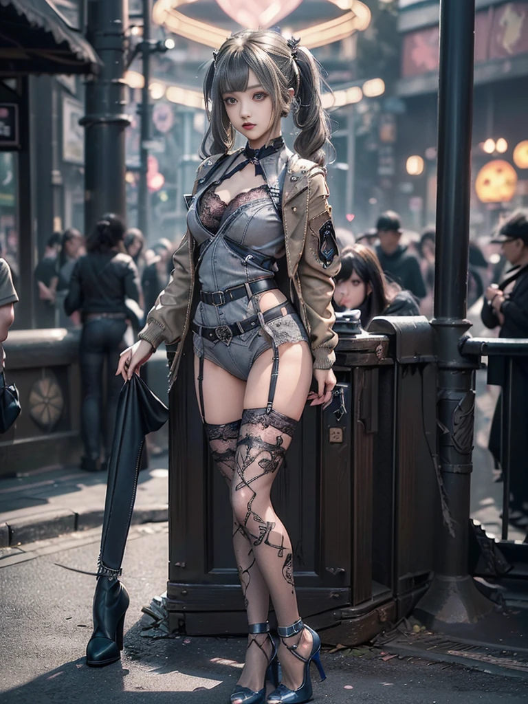 (Full Body View:1.3)、(Side view:1.1)、(Smiling with teeth showing:1.3),(Shibuya Gal:1.5)、(Dark fantasy world:1.4)、(Neo-Goth Fashion:1.5)、(Punk RockVisual Kei:1.3)、(Futuristic black, white and pink bodysuit:1.5)、(A delicate denim and white cardigan:1.5)、(Gorgeous decorated corset:1.4)、(Red Garter Belt:1.5)、(Denim and pink cargo pants:1.3)、(Heart-shaped silver accessories:1.5)、(Brown Skin Belt:1.4)、(Blue High Heels:1.4)、(Lace underwear:1.4)、20-year-old、Browsing Caution,((Highest quality、In 8K、masterpiece:1.3))、Sharp focus:1.2、(Layered Cut、Huge breasts:1.1),Beautiful woman with perfect figure:1.4、(Dance vigorously:1.3)、Slim Abs:1.2、Butt、Highly detailed face and skin texture、Fine grain、double eyelid,(Twin tails:1.3)、(Brownish golden hair:1.3)、Obscene、Idol Sculpture、(The background is a cityscape of a fantasy world:1.3)、(Slimming your legs:1.4)、(The body is slim:1.3)、(clavicle:1.1)