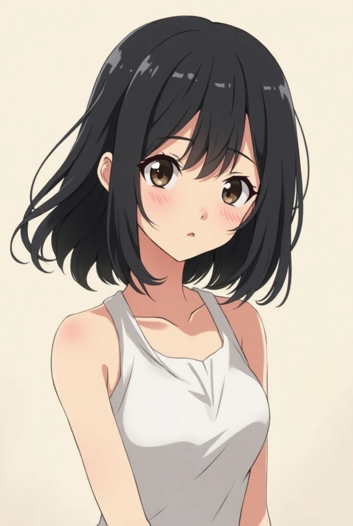 one woman, seiza,from above, tall of a person,white t-shirt,blue short pants,thin,gleaming skin,beautiful face,sharp eyes,brown eyes,flushed cheeks,cool,embarrassed,angry,long hair,pony tale, black hair,slender face,indoor,illustration style,anime style,masterpiece, extremely fine and beautiful,illustration,adult woman