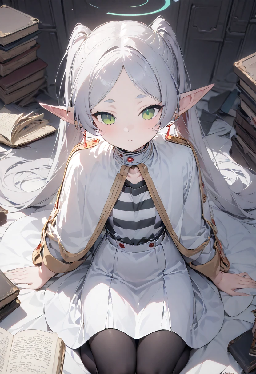 High image quality 、masterpiece、high quality、  High Resolution  、seiza、Grey Hair、 twin tails、Green Eyes、 flat chest、Five fingers each、delicate、Red eyes、Forehead、Red earrings 、Elf Ears、white cape coat 、White Skirt、white arm cover 、 white and black striped shirt、Black tights、archive、 books are scattered 、Read a book