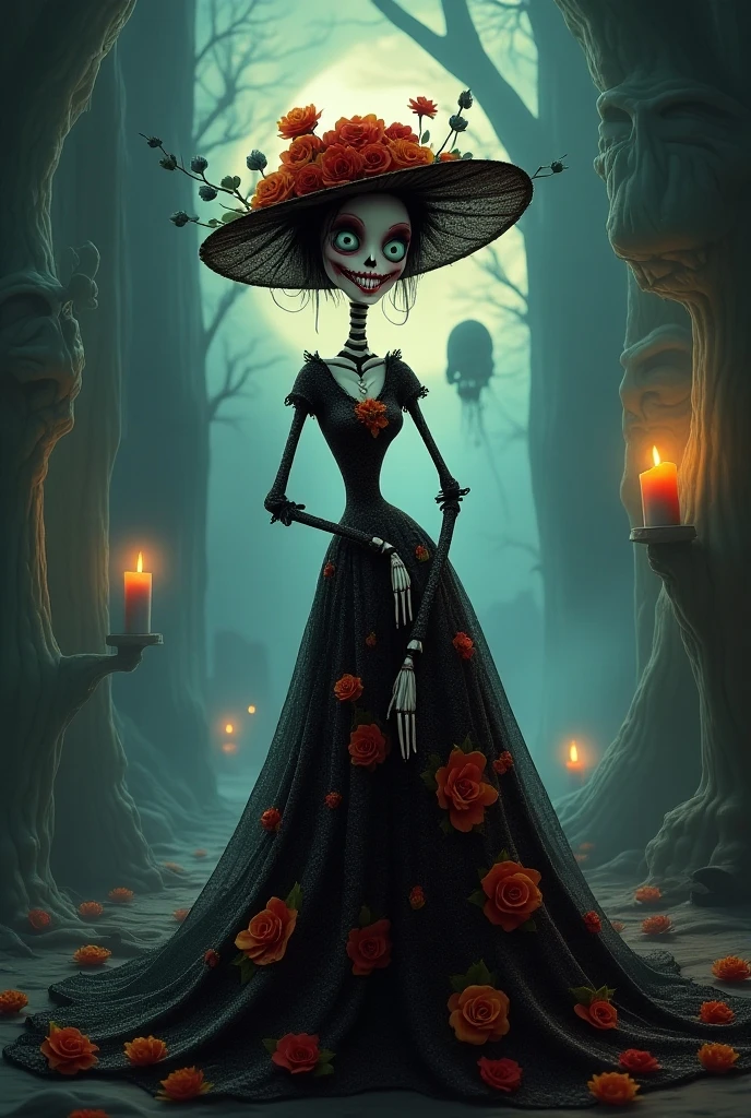 "Dancing with the Dead": A dynamic scene featuring Catrina La Muerte gracefully dancing alongside a group of skeleton figures, their movements captured with precision and fluidity, conveying the joyful and celebratory nature of the Day of the Dead tradition, Surrealism, color field printing, high detail, UHD, 8k, anatomically correct, cinematic lighting 4d quality --auto --s2
