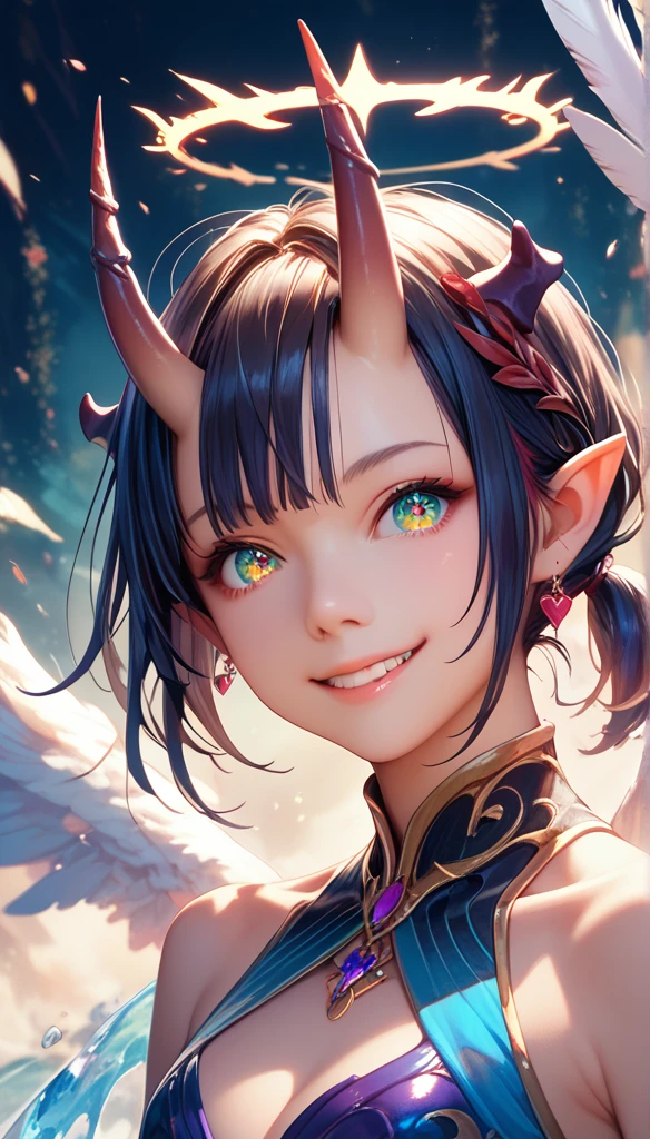 Dark hair, Short Ponytail, Widow Peak, Angel Halo, demon horns,  colorful eyes , Pointed ears, Smile, young people, Concept Art, Realism, Chiaroscuro,  anatomically correct ,  textured skin 