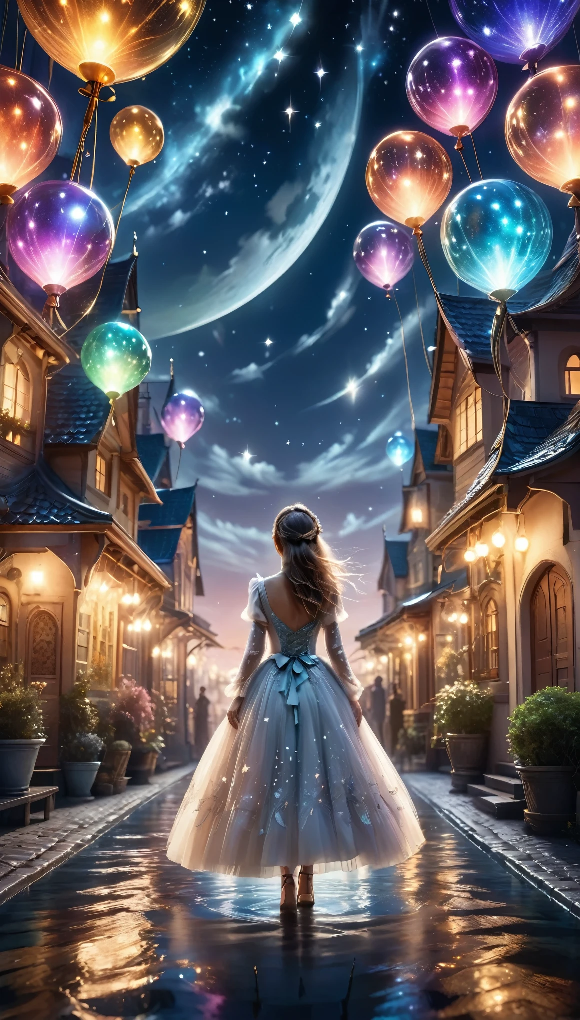 8K,high res,1 woman,((view of back)),she stands the front of the magical world,night