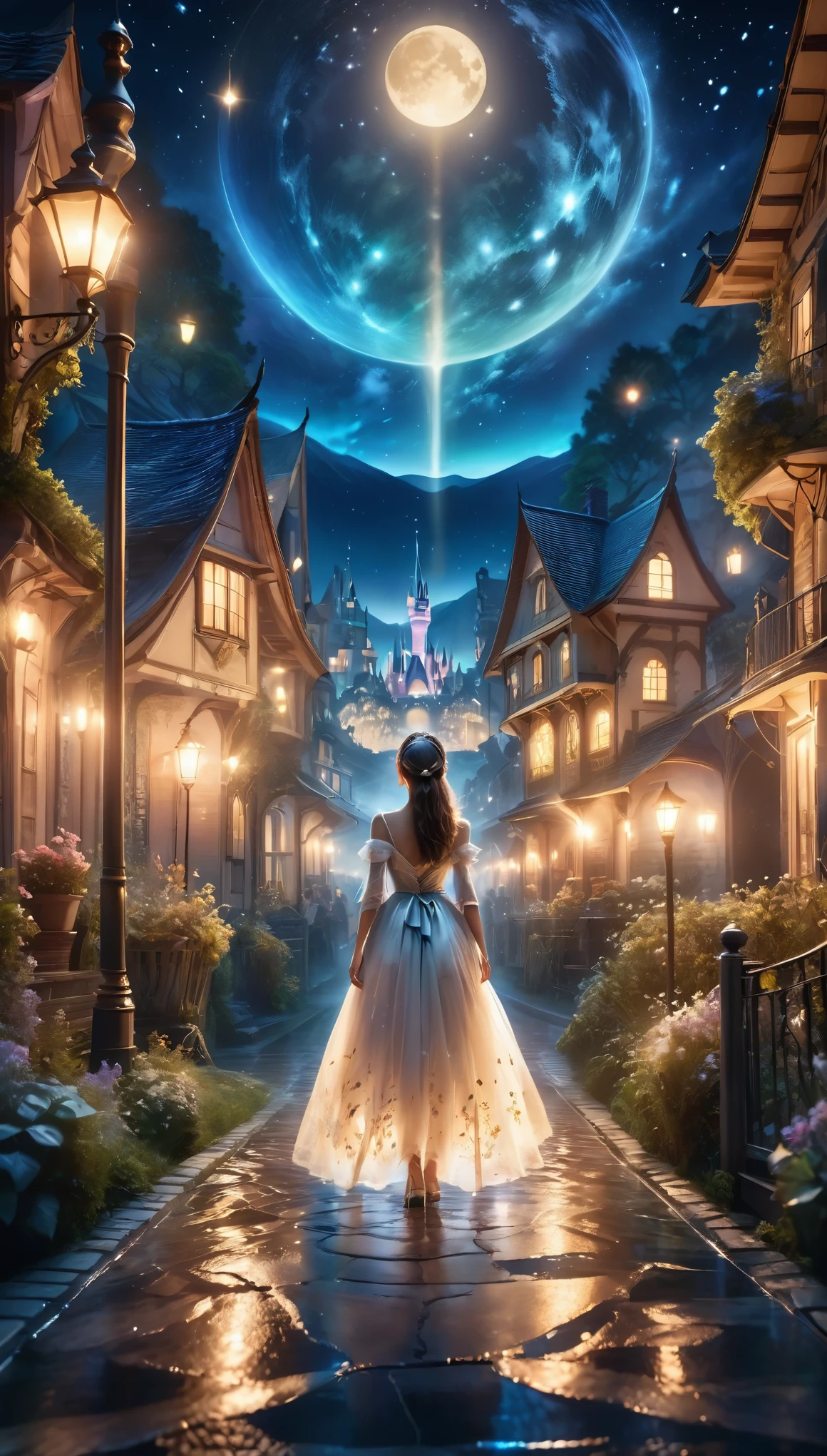 8K,high res,1 woman,((view of back)),she stands the front of the magical world,night