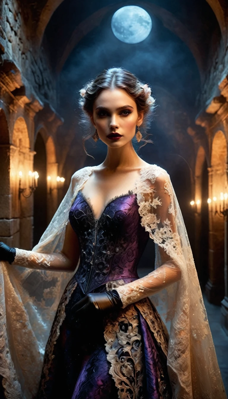  (masterpiece, ultra detailed), sfw, portrait, 1girl,In a setting bathed in the glow of candlelight flickering against ancient stone walls, a fashion show epitomizes gothic elegance, embracing the allure of the dark and mysterious. The runway, a shadowy corridor, echoes with the whispers of history, inviting onlookers into an otherworldly experience. Cloaked in capes billowing like velvet shadows, models glide with an ethereal grace. Their attire—rich in textures of lace, brocade, and leather—tells tales of romanticism bound in darkness, with silhouettes that evoke both strength and vulnerability. Adornments of amethyst and onyx glisten like twilight stars against the night sky. Intricately laced boots and gloves extend their mystery, while bold makeup features dramatic smokey eyes and darkened lips, adding to the allure. The ambiance is accentuated by a haunting violin melody, weaving through the air, as each ensemble crafts a narrative of gothic opulence. The audience, held in thrall, finds beauty in the shadows, in garments that speak of timeless romance intertwined with the eternal night.,(masterpiece:1.3),(highest quality:1.4),(Super detailed:1.5),High resolution,Very detailed,unity 8k wallpaper