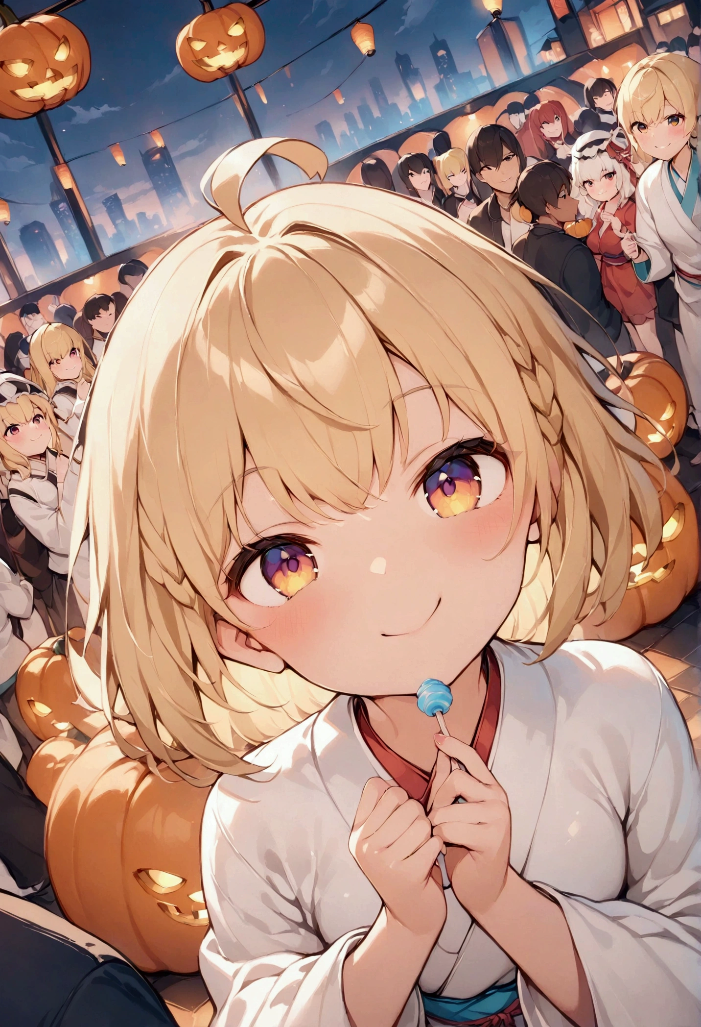 （ best quality illustration ）, Wearing Japanese clothing,  zashiki  cosplay ,   1 girl,  elementary school girl with brown skin, blonde, Looking up, smile, evening,  Festival Scenery, are licking candy, Nightclub,  Halloween cityscape , Pumpkin lantern,  dynamic angle,  detailed background, Surrounding people 々 people wearing specter costumes 々, Fun, bright