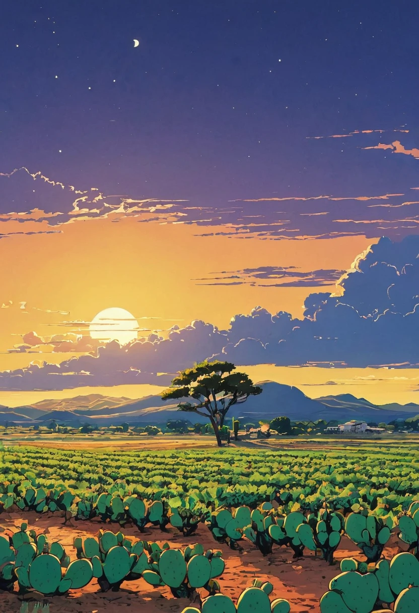 Draw a simple Tintin style art of a desert field with prickly pear plantation sunset hellish twilight country house meadows sky!!!  clouds!! detailed in a field, anime nature, Makoto Shinkai!, anime beautiful peace scene, anime countryside landscape, animated art background, Makoto Shinkai!!, anime movie background best of seaart hd 8k