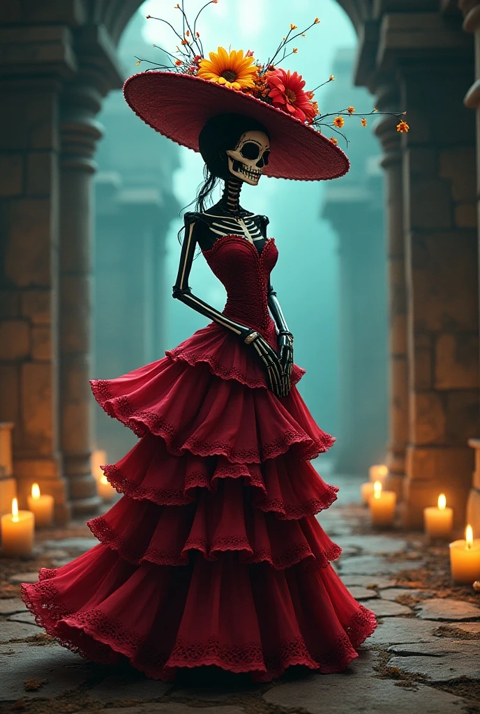 a skeleton dancing with a beautiful busty woman in an art deco style, intricate art deco background, highly detailed, 8k, photorealistic, dramatic lighting, vivid colors, elegant poses, expressive characters, cinematic composition, masterpiece