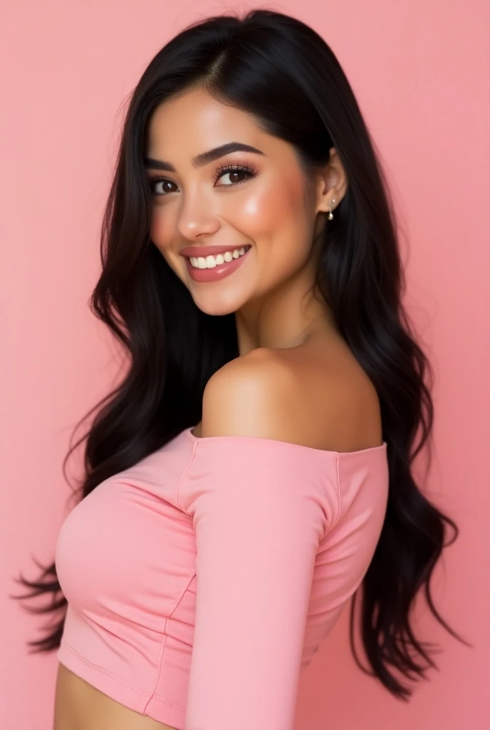 ultra realistic photograph , sexy woman, 25 yo woman,black hair ( full body pose, incredibly sexualized wearing , erotic photoshoot of hollywood actress , female , woman, realistic babe, cute smile, pink lips, celebrity ), tall fit figure , ( insanely detailed skin texture , depth of field, photorealistic natural lighting )