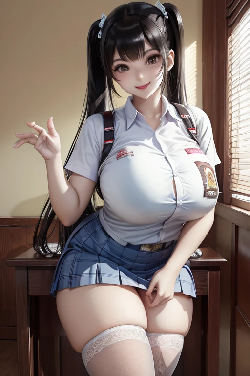 Young Asian woman, pigtails, sexy pose, big breasts, curvy, smile, plaid skirt,osis badge, white shirt, white lace stockings, class room
