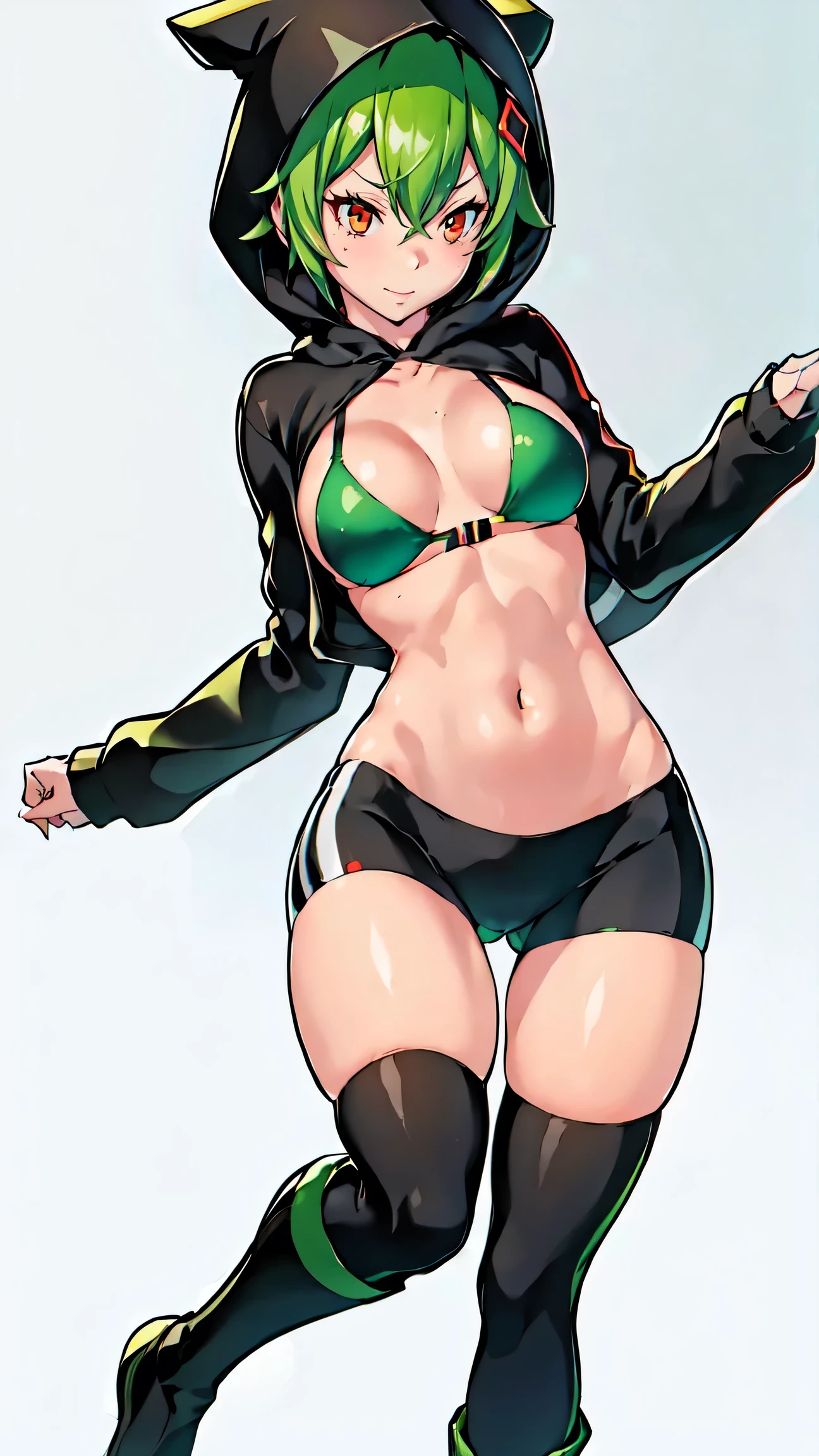 rina shinomyia、 biker shorts, half-open jacket, black hoodie, hood up, googles on neck, highthigh, high knee boots, long sleeves, , big red eyes, short green hair, small breasts, two-toned bikini, covered midrift. gradient highlight, digidestined.