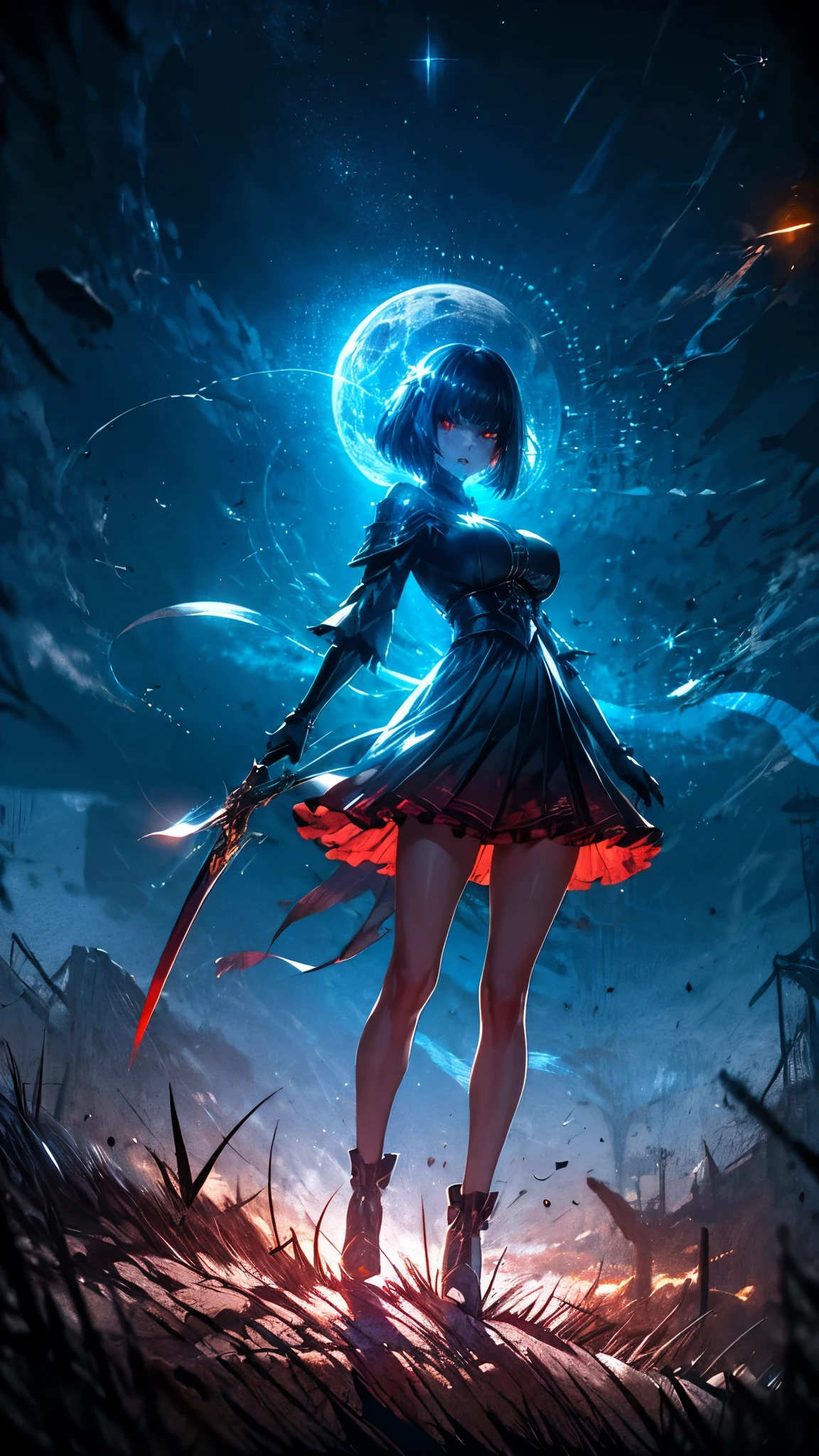 (masterpiece:1.1), (Best quality:1.1), (muted colors:1.1), BREAK, (Dark Fantasy:1.1), (creepy:1.1), (frowning:1.1), (horror:1.0), (luminous:1.0), BREAK, (One:1.2), (Goth girl:1.0), (bob haircut:1.0), (armor:1.0), (frilled skirt:1.0), (shoulder pads:1.0), (mittens:1.0), (a sword:1.0), (Looking at the viewer:1.0), (covered in blood:1.2), (blood:1.2), (exhausted:1.2), (tired:1.2), (Serious:1.0), BREAK, (Starlight Night:1.2), (Moonlight:1.1), (full moon:1.0), big breasts