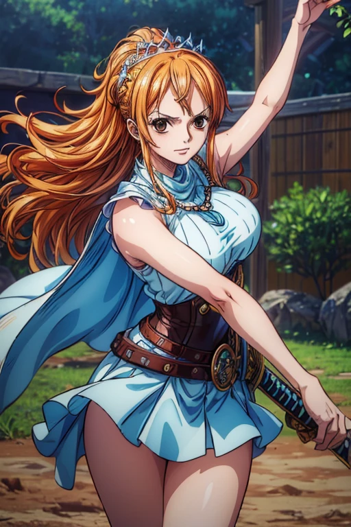 ((Masterpiece,Best Quality, 4K, 8k,  High Resolution , masterpiece:1.2)), ((Super detailed)), ((Realistic, photoRealistic, photo-Realistic:1.37)),  Preserving Anime Style ,Nami from One Piece, pale orange hair ,Beautiful brown eyes,Left shoulder tattoo,Beautiful Lips,Beautiful lipstick,smile,Large Breasts,(A beautiful blue knight's armor,The thighs are exposed),( Beautiful Tiara's Hair Ornament ), fantasy worldview ,( She is a swift knight from Greek mythology ),Combat with enemies,(Fast motion going towards the enemy ,Motion-activated dirt is drawn behind her to create a sense of speed , motion activation light draws a beautiful light blue ),Don't draw enemies ,(( Waving the Strongest Western Magic Sword ,Beautiful slash wave of Western-style magic swords ,Make sure to draw only one Western-style magic sword)),Perfect limbs,Perfect Fingers,Perfect limbs