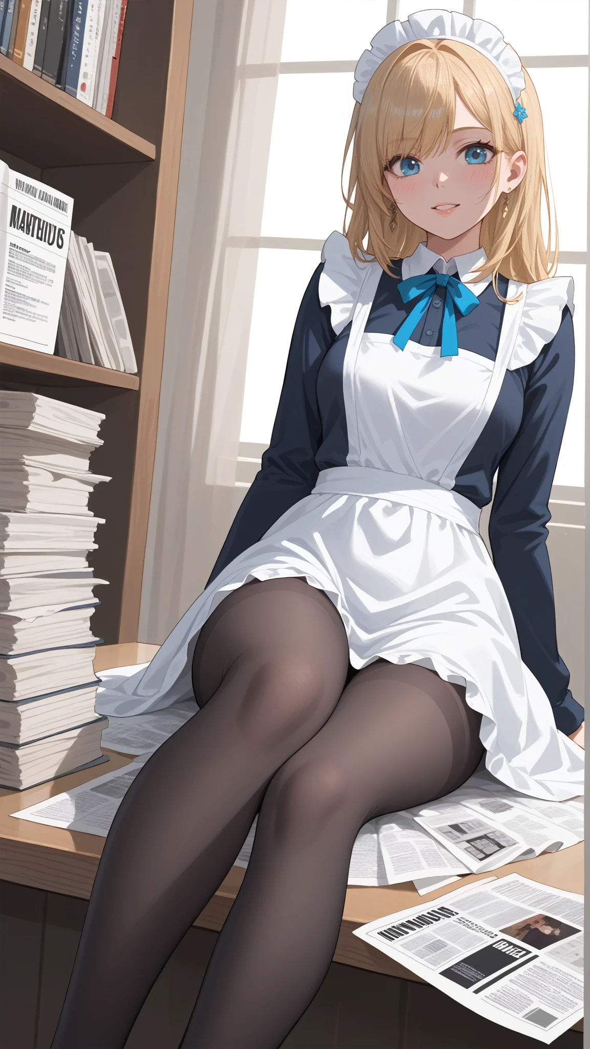 ( HIGHEST QUALITY :1.2,4K,8K, studio animation, is very detailed ,up to date,Vibrant,high detai,  High Contrast ,masterpiece:1.2, HIGHEST QUALITY ,Best aesthetics),((( 1 girl at home))),Sitting,maid,maid服,Blue Ribbon,fresh,Dynamic Angle,Looking up，Cool atmosphere, Accurate and Focused , Brilliant Contrast ,3,20 Danny black pantyhose,Feet，masterpiece, best quality, super detailed , Extremely Detailed CG Unity 8K Wallpaper,1 Girl, newspaper background,flower，newspaper,Sitting，Lean on your hands，Lift one foot,newspaper background,